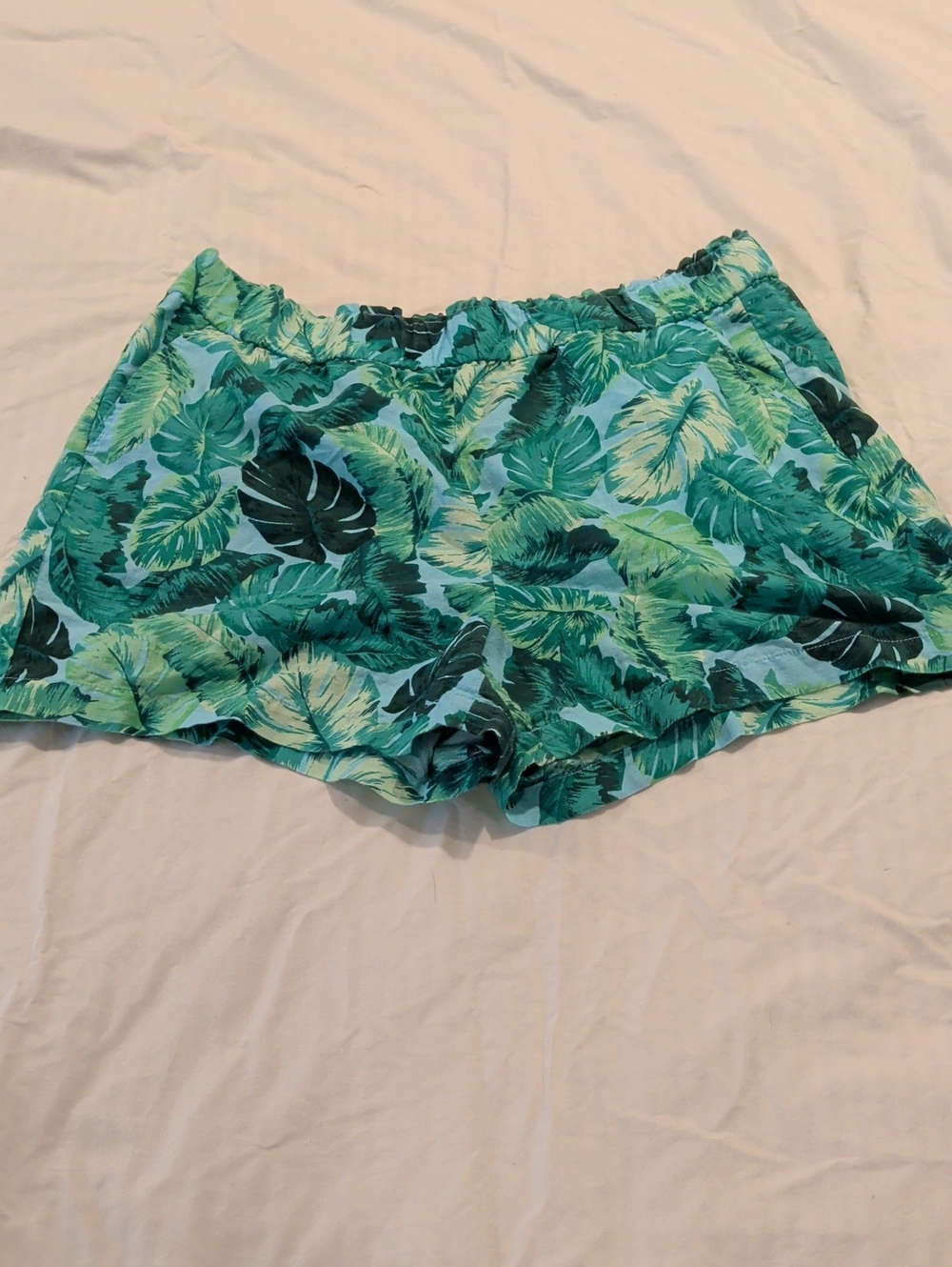 Talbots Tropical Leaf Print Elastic Waist Shorts - Teal Green
